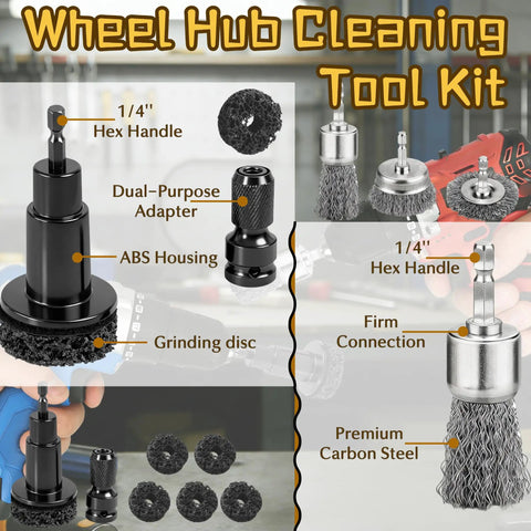 Garage Ready Wheel Hub Cleaning Kit With Carbon Steel Wire Brushes And Five Heavy Duty Abrasive Pads For Knocking Out Gnarly Rust And Freshening Brake Rotors Fast, showing hex handles and grinding discs.