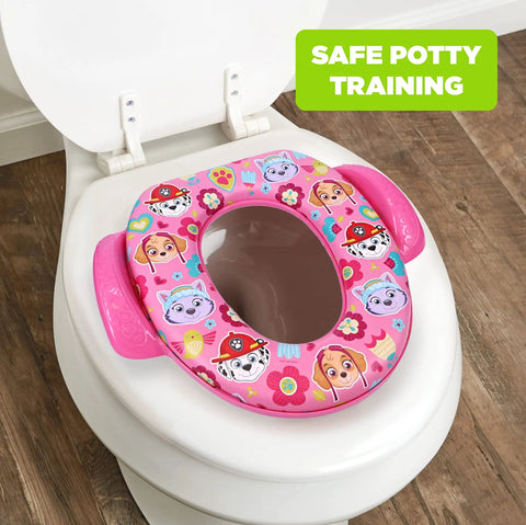 Super Chill Toddler Potty Seat With Plush Cushion And Sure Grip Handles, pink design, fits snugly on toilet for safe potty training.