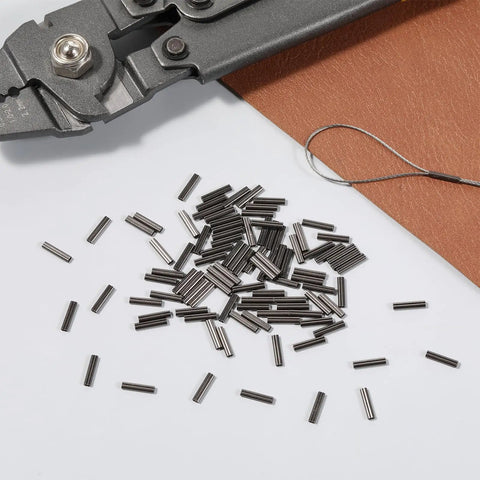 Pro Grade 100 Pcs Crimp Sleeves Double Barrel Aluminum Cable Ferrule Wire Rope Sleeves For Fishing Line Rigging Tackle Inner Diameter 0.8mm Fits 0.6mm Wire Burr Free Interior For Smooth Crimp And Strong Secure Connections., 0.8mm aluminum crimp sleeves with wire rope and crimping tool for fishing rigging