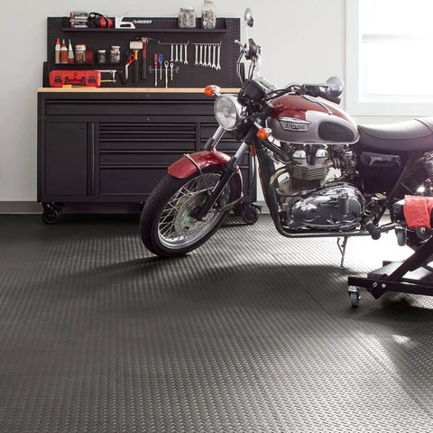 Motorcycle on Interlocking Rubber Floor Tiles 18x18 Inch Diamond Plate Squares That Are Tough-As-Nails For Home Gym Garage Basement