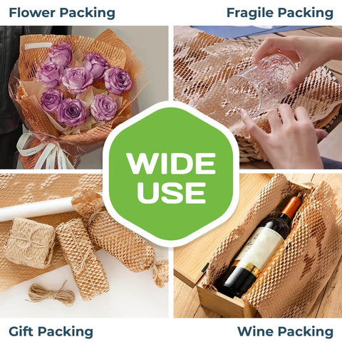 Collage showing eco-friendly honeycomb packing paper used for flower, fragile, gift, and wine packing applications.