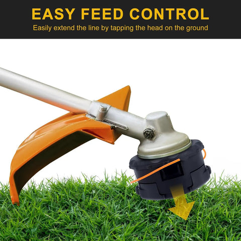 Close-up of Speed Feed 400 Trimmer Head for Straight Shaft String Trimmers Fits Echo Honda Husqvarna Shindaiwa Stihl And More No Fuss Bump Feed Replacement For SRM Series Echo SRM 225 Head installed on a trimmer cutting grass.