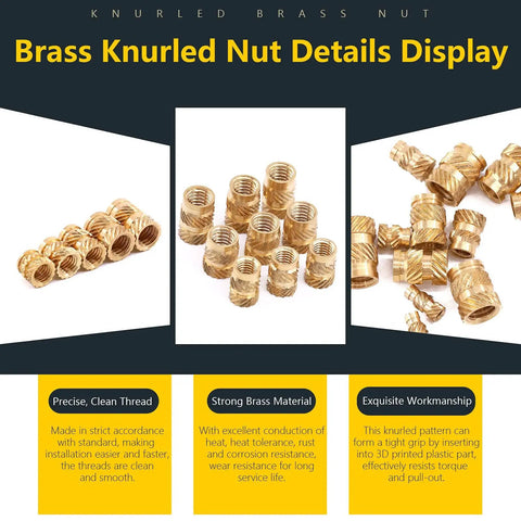 Brass Threaded Inserts Kit With Knurled Heat Set Inserts 300 Piece 15 Size Assortment From M2 To M6 For 3D Printing And Plastic Projects Sturdy Case Included displayed with close-up of knurled patterns.