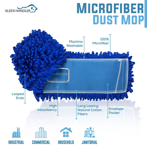 36 Inch Microfiber Dust Mop Head Replacement Bulk Pack Of 12 Large Washable Commercial Mop Heads For Heavy Duty Floor Cleaning Janitorial Supplies Blue shown with labeled features, including machine washable and looped ends.