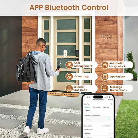 No Sweat Fingerprint Keyless Entry Deadbolt Door Lock With Touchscreen Keypad in use with Bluetooth app control.