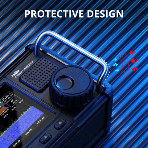 X6200 Portable HF Radio Transceiver Workhorse With RF Direct Sampling 50 MHz Band Airband WFM Receiver showing handle and LCD screen