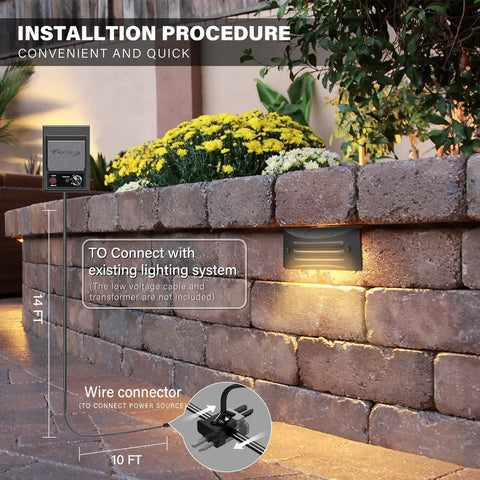 Low Voltage LED Deck Lights 9 Inch Step Lighting Kit for Outdoor Walkways and Decks with warm soft illumination shown in stone wall installation