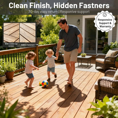 1000 Pack Hidden Deck Fasteners Kit For Composite Decking With Stainless Steel Screws And Premium Nylon Clips Plus Included Tools All In One Universal Decking System No Fuss Quick Install shown on patio with children playing