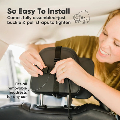 Woman installing wide 360 degree crystal clear baby car seat mirror for rear facing seats, shatterproof backseat view.
