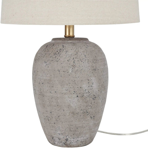 Rustic Farmhouse Ceramic Table Lamp With Beige Linen Shade, Gray Brown Earth Tones, Hand Finished Vintage Look, Cozy Vibe Warm Glow