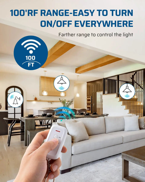 Remote Control Light Socket With Wireless Control For Lamps And Fixtures, pull chain compatible, 100ft range, shown in living room