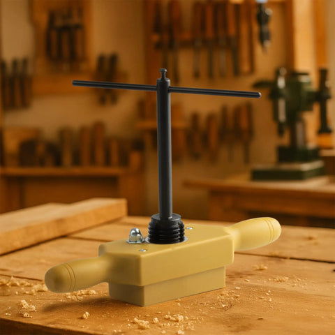 Pro Grade Tap And Die Set 1-1/4 Inch Wood Thread Kit with Two-Handed Thread Box on a wooden workbench.