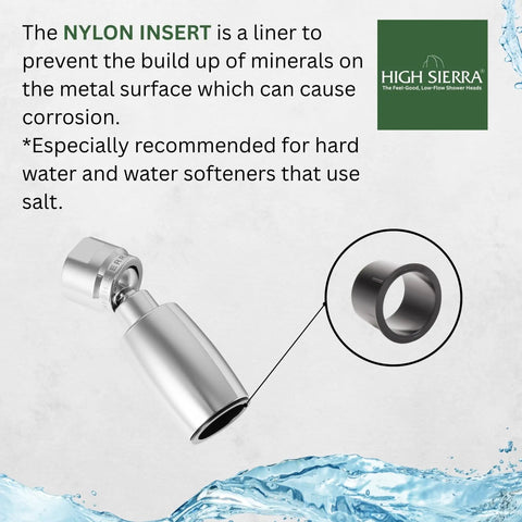 Lead Free Metal Handheld Shower Head With Trickle Valve Ultra Low Flow 1.5 GPM, showing nylon insert to prevent corrosion.