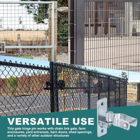Wall Mount Gate Hinge Set For Chain Link Fences, 4 Hinges With 8 Wood Bolts, Fits 1-3/8 Inch Pipe, versatile uses displayed.