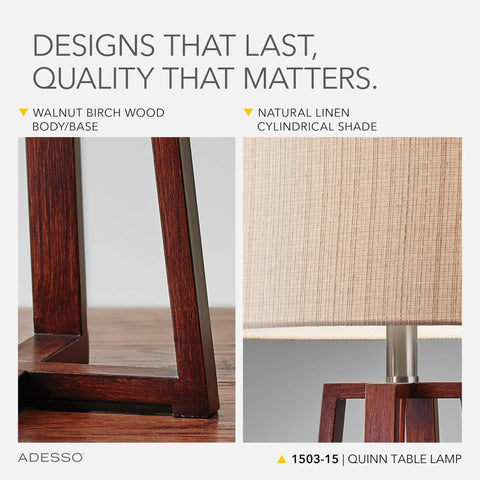 Close-up of Quinn Table Lamp with walnut birch wood base and natural linen shade highlighting design details.