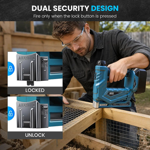 Makita 18V Compatible Cordless Brad Nailer And Stapler 2 In 1 For 18ga Fasteners showing dual security design lock features.