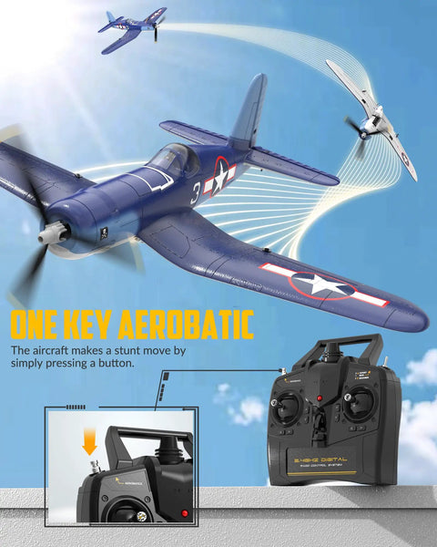 Beginner Friendly WWII F4U Corsair RC Plane With Aileron 4CH 2.4Ghz Remote Xpilot Gyro Stabilizer Self Righting One Key Aerobatic Upgraded Canopy Ready To Fly RC Aircraft For Adults And Beginners performing aerobatics with remote control in view