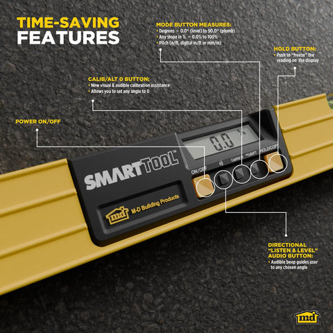 SmartTool 24 Inch Digital Level With Big LCD Screen and Audible Alerts showing features and labeled buttons on aluminum frame