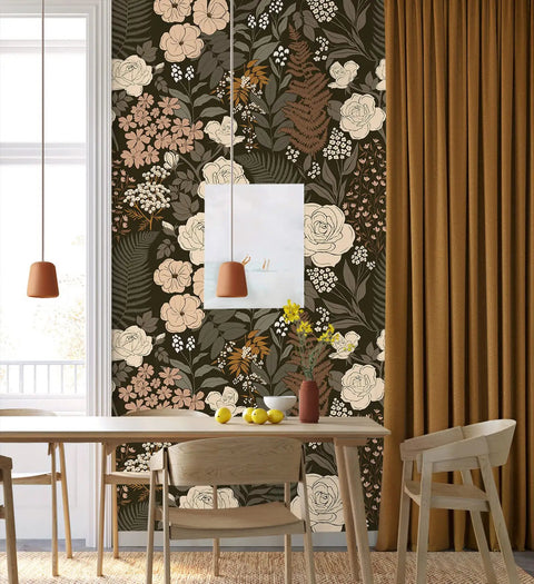 Dining room with Peel And Stick Floral Wallpaper Removable Mural With Vintage Rose Leaf Pattern In Black Brown And Beige Easy No Mess Install
