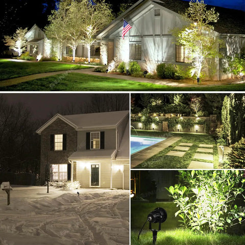 Outdoor LED Landscape Spotlights 12W 120V Waterproof With Spike Stakes illuminating gardens and pathways at night