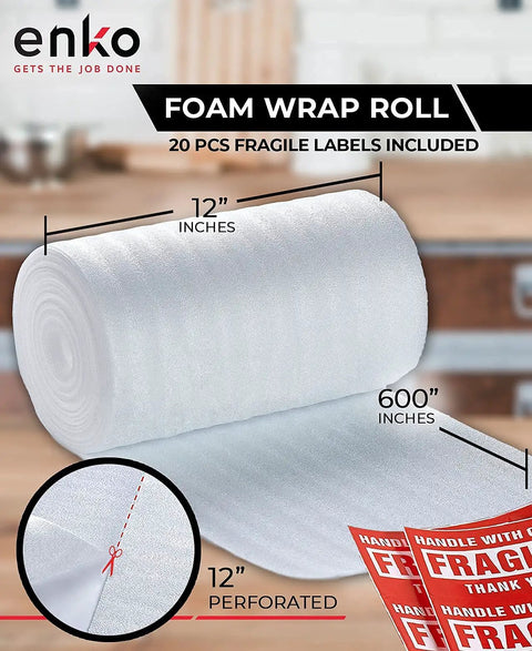 High Density Solid Foam Wrap Roll For Shipping And Moving delivers cushioning for breakables, 12x600 inch roll with fragile labels.