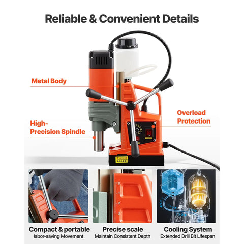 Job Site Ready 1400W Magnetic Drill Press With Two Inch Boring Range And Smooth Variable Zero Through Eight Hundred Rpm Control Paired With Rock Solid Hold Base Plus Weldon Shank For Steel Tasks showing metal body and precision spindle details.