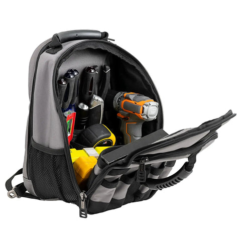 Pro Grade Sling Pack Tool Bag With 24 Pockets Dual Handles And Adjustable Shoulder Strap open showing tools and tech pockets