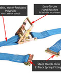Heavy Duty Trailer Tie Down Kit With Two 20 Ft Ratchet Straps showing durable polyester, steel E-Track fittings, and hand ratchet.