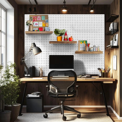 Pegboard Shelves With Lip For 14 By 4 Inch Peg Boards Three Pack Wall Organizer Shelves in office setting with desk