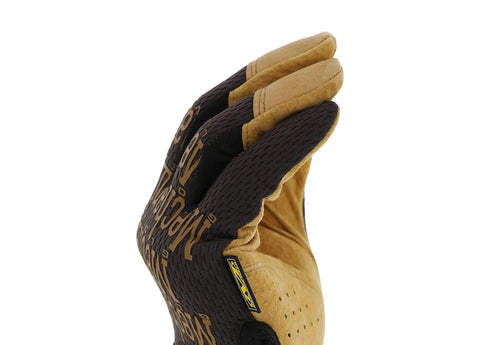 Side view of Original Leather Work Gloves With Durable Synthetic Leather For Protection TrekDry Breathable Fit All Day Comfort Grip Ready Abrasion Resistant Machine Washable Flexible Palm Brown And Black Small.
