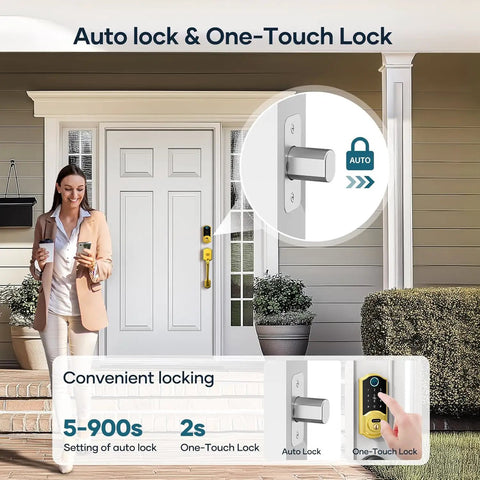 Smooth Operator Smart Lock For Front Doors With Integrated Handle featuring auto lock and one-touch unlock.