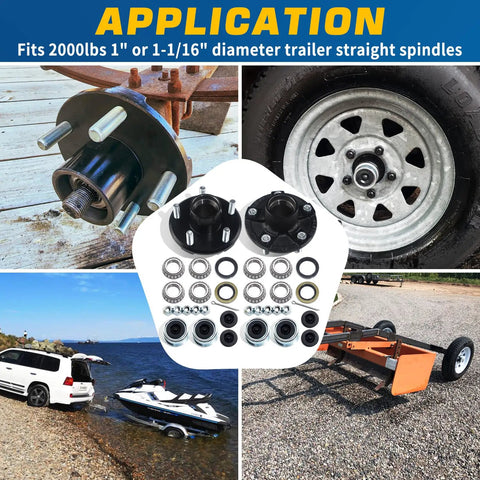 Collage showing Two Sets 5 On 4.5 Inch Trailer Hub Kit For 2000 Lbs Axles Fits 1 In Or 1-1/16 In Straight Spindles 5 Lug 4-1/2 Inch Circle Idler Hub With Extra Dust Cap And Rubber Plug, application on trailers.