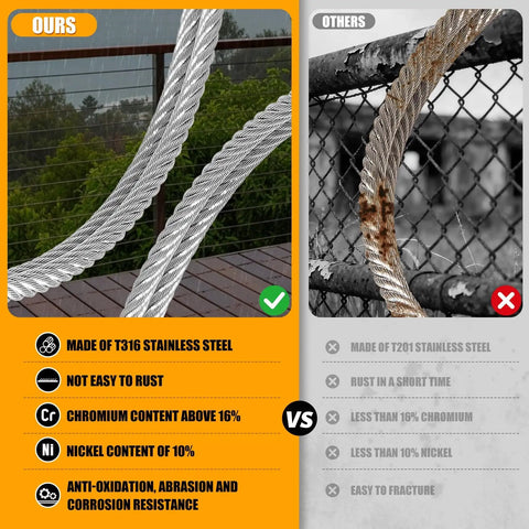 Comparison of Rugged Marine Grade 1/8 Inch Stainless Steel Cable vs rusted cable, highlighting T316 steel benefits for railing.