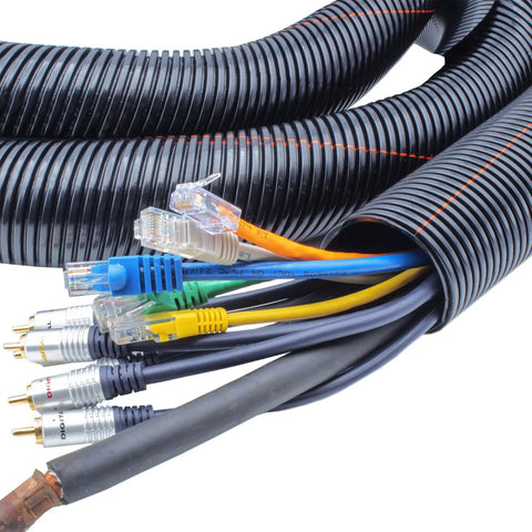 Heavy Duty 9/16 Inch Non Slit Wire Loom Flexible Conduit Tubing 1000 Ft Roll UV Resistant covering multiple wires and cables.