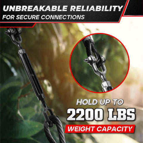 Heavy Duty Jaw And Jaw Turnbuckle Set 2 Pack Half Inch By 13.4 Inch For Wire Rope Tension 2200 Lbs, shown in use outdoors.