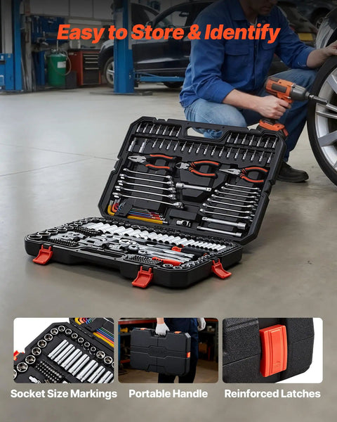 314 Piece Mechanic Tool Set Built Like A Tank With 1/4 3/8 And 1/2 Inch Drive Metric Sockets Ratcheting Wrenches Screwdriver Bits Hella Tough High Grade Chrome Vanadium Storage Box open with tools organized.