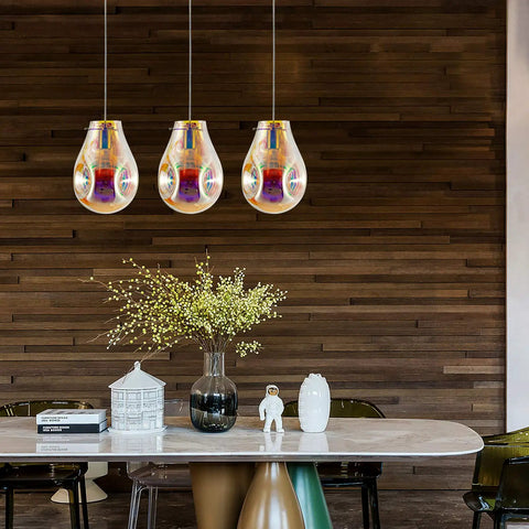 Colorful glass pendant lights with chrome finish hanging over dining table, Plug In Pendant Light With Cord E26 E27.