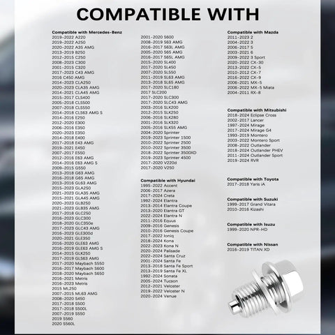 M14x1.5 Magnetic Oil Drain Plug Kit with compatibility list for Kia, Honda, Ford, Chrysler, Audi, GMC, Dodge, Lincoln, Acura
