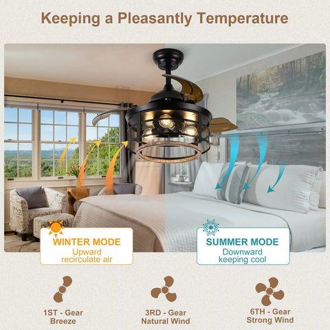 36 Inch Farmhouse Ceiling Fan With Lights, Dope Retractable Cage Blades, black industrial style, bedroom setting, reversible DC motor modes