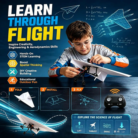 Child assembling Rad Remote Control Paper Airplane Kit With Gyro Stabilizer and Dual Propellers, focus on learning and fun.