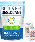 Three Hundred Super Handy Color Indicating Silica Gel Desiccant Packets Half Gram Each Packed In Resealable Ziplock Bag display with product details.