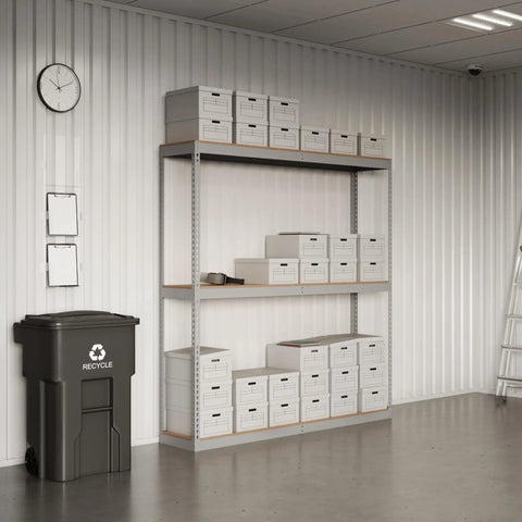Badass Heavy Duty Boltless Shelving Unit In Gray With A Dang Tough Cold Rolled Steel Frame And Legit 1000 Lb Capacity Per Shelf On 3 Adjustable Tier Particle Board Decks For Garage Home Projects with storage boxes and recycle bin.
