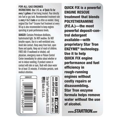 Fast Acting Fuel System And Injector Cleaner Quick Fix For Rough Idles Smooth Ride Gas Tank Additive featuring detailed instructions.