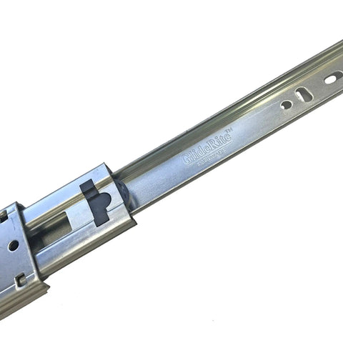 Close-up of 12 Inch 100 Lb Full Extension Ball Bearing Drawer Slides With 1 Inch Over Travel Side Mounted Non Handed Design Lever Disconnect
