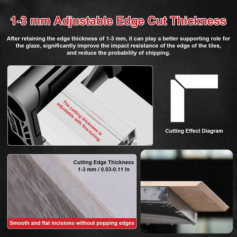 1-3 mm adjustable edge cut thickness shown on Badass Electric Tile Bevel Cutter And 43 Degree Chamfering Tool for smooth finishes.