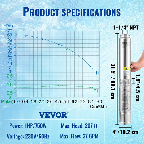 Product specifications of Deep Well Submersible Pump 1HP 230V 37 GPM Flow 207 Ft Head 4 Inch Stainless Steel Water Pump