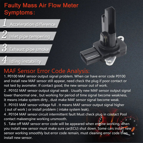 Mass Air Flow MAF Sensor That Fits Lexus ES350 GS350 IS250 IS350 RX350 Scion XB Toyota Avalon Camry Highlander Sienna Matrix RAV4 Venza And More Replace OE 22204-0H010 with overlay text detailing error symptoms and analysis