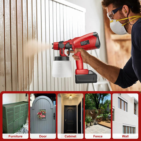 Man using Cordless Hvp Paint Sprayer With 1000Ml Cup And 30000 Rpm Copper Motor for painting a wooden fence.