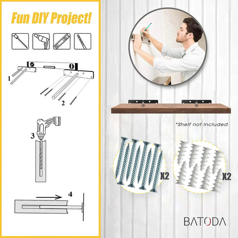 Heavy Duty Eight Inch Floating Shelf Brackets With Hidden Steel Supports Hella Sturdy Pack Of Six Wall Mount Hardware for DIY installation steps.