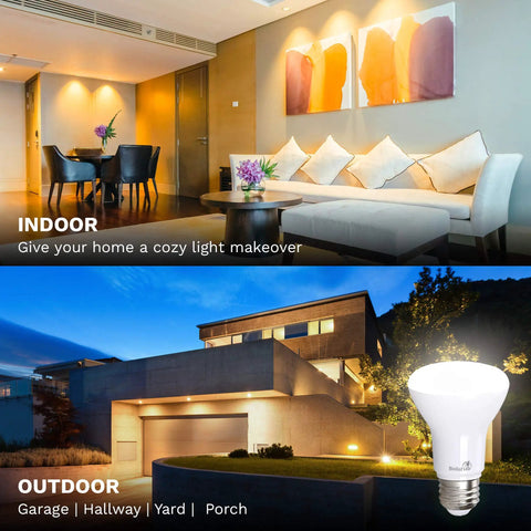 Four Pack BR20 LED Flood Bulbs 2700K Warm White, 6W Equals 50W, 90 CRI used for indoor living room and outdoor lighting